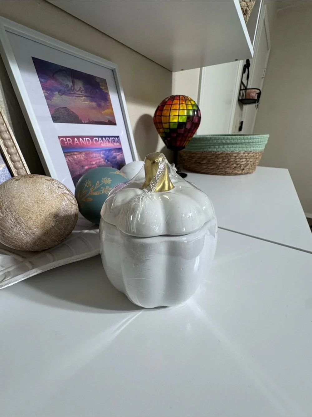 NWT Ceramic Pumpkin Jar - White with Gold Stem
